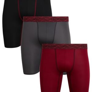Reebok Men's 3 Pack Performance Compression Underwear - Soft Stretch Long Leg Boxer Briefs for Active Men (Workout, Spor