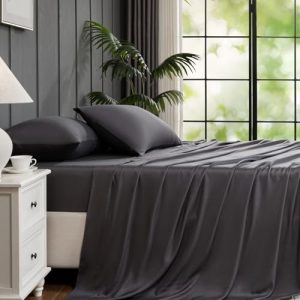 100% Viscose Derived from Bamboo King Size Cooling Silky Bed Sheets for Hot Sleeper | Luxury Soft Grey Deep Pocket Fitt
