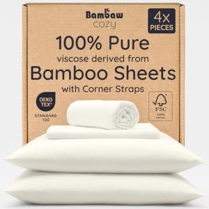 Bambaw 100% Viscose Derived from Bamboo Cooling Sheets Queen Size - Soft Deep Pocket Fit Queen Bed with Elastic Corners