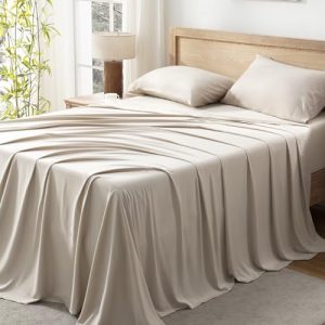 Andency Queen Sheets Set, 100% Viscose Derived from Bamboo, Oatmeal Cooling Bed Sheets Queen Size, Deep Pocket Up to 16"