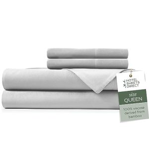 Hotel Sheets Direct 100% Viscose Derived from Bamboo 4 Piece Bed Sheet Set Queen Size, Cooling & Breathable Grey Luxury