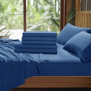 Shilucheng Breathable & Cooling Bed Sheets - Soft Rayon Derived from 100% Bamboo - 4 Piece (California King, Navy Blue)