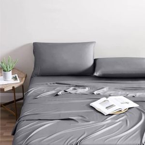Mayfair Linen 100% Viscose Derived from Bamboo Queen Bed Sheets - Silky Soft, Cooling Sheet Set, Dark Grey OEKO-TEX Stan