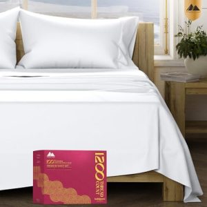 Mayfair Linen 100% Egyptian Cotton Sheets King Size Bed Set - 4 PC 1200 Thread Count White Cooling Sateen Weave Deep Poc