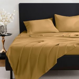 OEKO-TEX STANDARD 100 Bamboo Derived Rayon Bed Sheets Set for Cool Summer Sleeping, 16" Deep Pocket Queen Size Camel Ye