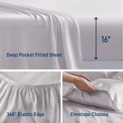 41uwpmzolsl.jpg Hypoallergenic Soft Cooling Viscose from Bamboo Bedding, 16" Deep Pocket Sheet Set, Queen Size, Luxury Hotel Silver Gra
