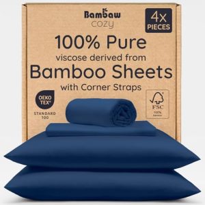 Bambaw King Sheets Set 100% Viscose Derived from Bamboo Ultra Soft Cooling Navy Blue King Size OEKO-TEX STANDARD 100 The