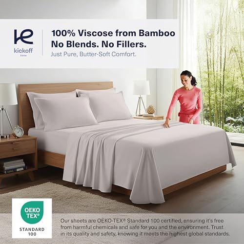 51znhe04fnl.jpg Kickoff 100% Organic Bamboo Viscose Sheets for Hot Sleepers King Size 4-Piece Set Fits King Bed Dove Grey