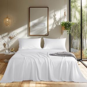 LBRO2M Cooling 1800 TC Bamboo Bed Sheet 4 Piece Set, Super Soft Breathing Queen Size Bedding (White, 16 Inches Deep Pock
