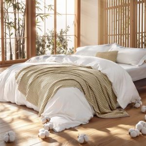 Bedsure White Queen Size Cotton Comforter Set for Hot Sleepers, Cotton Waffle Throw Blanket, Rayon Bamboo Cooling Blanke