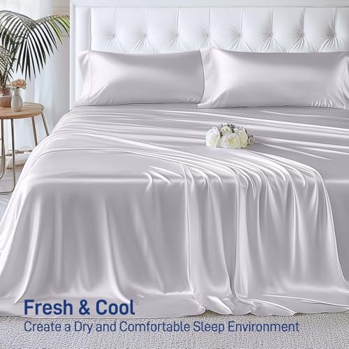 51xgnptm7tl.jpg Hypoallergenic Soft Cooling Viscose Bamboo Bedding 4-Piece Queen Set Silver Gray | Breathable Silky Smooth Viscose Bamb